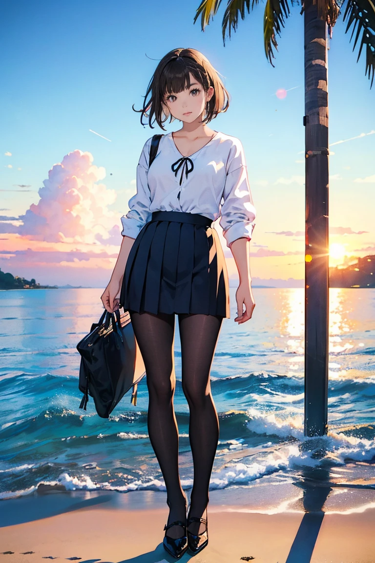 masterpiece, best quality, eririschool, 1girl, solo, ocean, black thighhighs, skirt, clothes around waist,