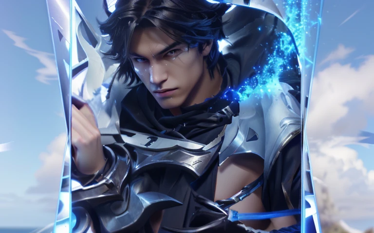 An 8k masterpiece, highest resolution, every detail, meticulous detail, depth of field, bright colors, beautiful composition: anime character Gohan impresses with his black hair and glowing eyes Beautifully detailed lighting, standing against a dark and ominous background. This handsome demon slayer is the epitome of bad guys in the fantasy art. wearing a shirt.