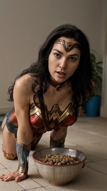 Wonder Woman, sitting in a chair, upskirt, she is in a laboratory, it is daytime, she is naked