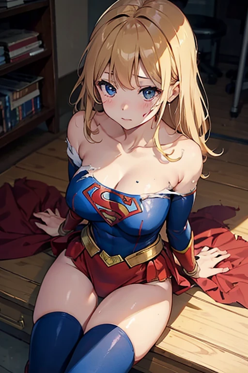 Strong looking woman　Wearing a blue micro bikini　Torn red cloak　Long blonde　Slit eyes　Blue Eyes　大きい乳首I can see it　The groin is bulging　I can see it　sitting with legs apart on the rubble　Loser　Loser　damage　pain　Crying face　tears　A regretful face