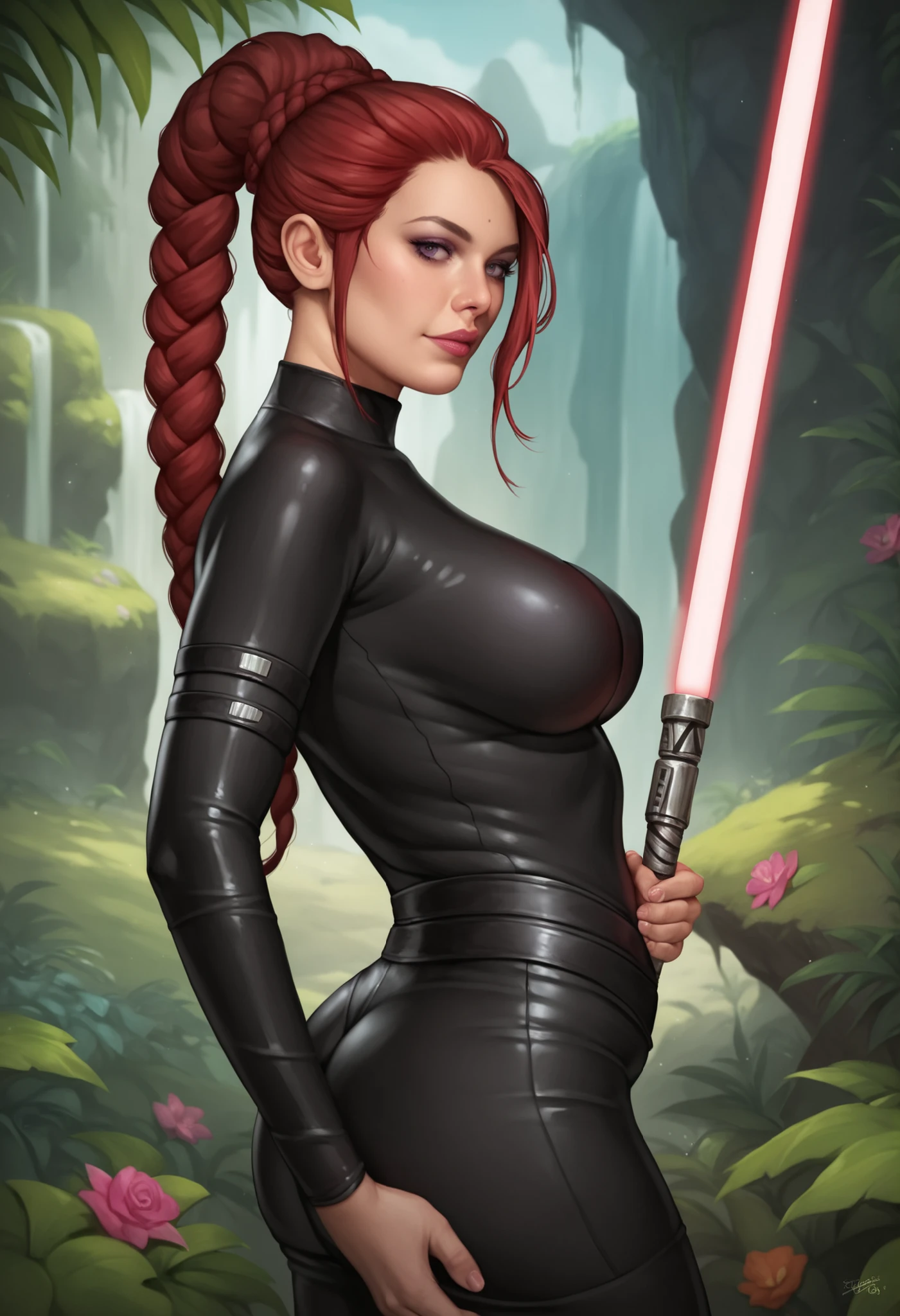Star Wars based environment, Mara Jade, is depicted wearing her sleek, tight black leather suit. holds her purple light saber, her intense piercing eyes convey a mix of determination and alertness. Background: Outdoors, jungle planet landscape, red hair, Mara Jade, curvy, pudgy, overweight, black leather suit, realistic,