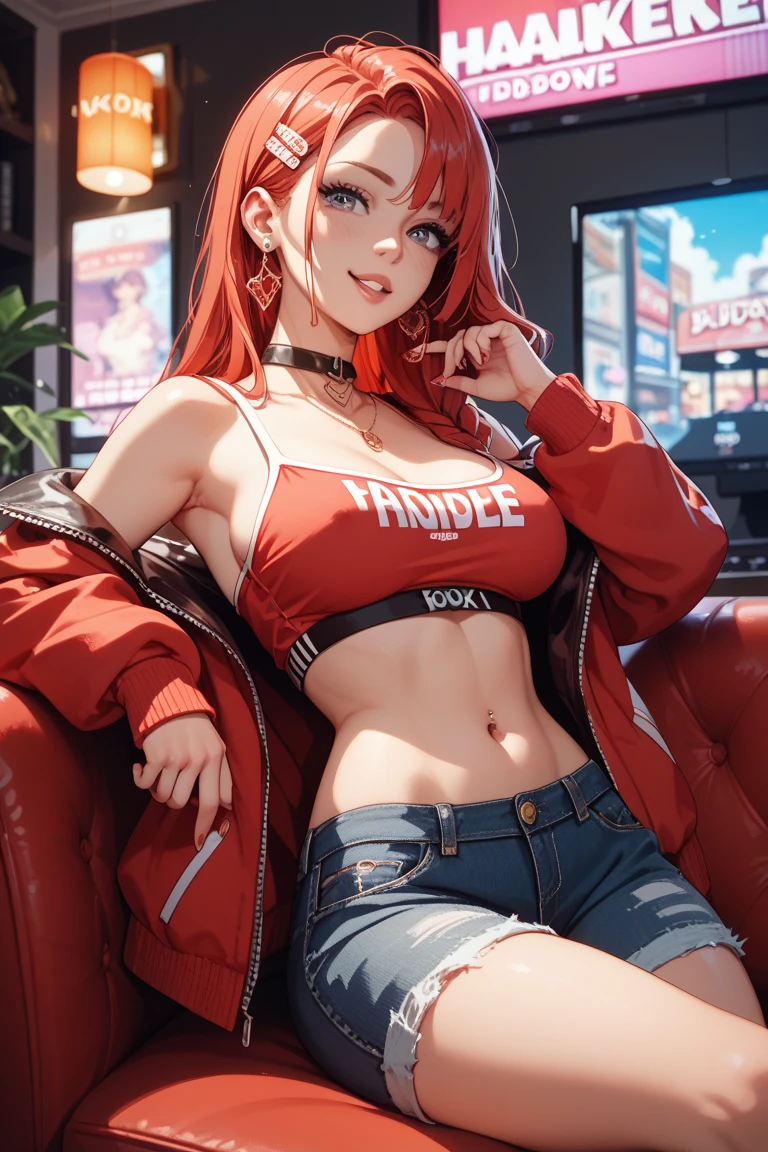 <lora:RedHoodX_V2:0.8> (masterpiece, best quality), redhoodx, very long hair, mechanical horns, smile, open mouth, fang, upper teeth, large breasts, headphones, crop top, white jacket, bare shoulders, shorts, mismatched legwear, fishnets, scenery, city, cyberpunk, neon lights, graffiti, standing