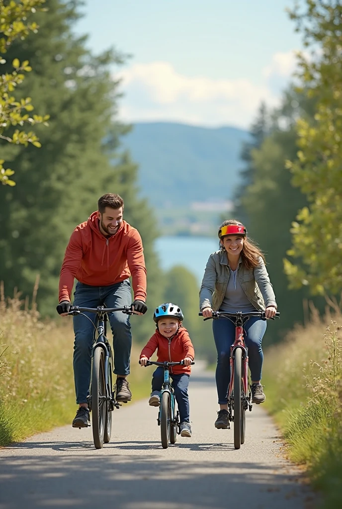 The image shows a family of four on a trail in the woods. They are all wearing helmets and riding bicycles. The family consists of a father, mother, and two young children. The father is wearing a green t-shirt and black shorts, while the mother and children are wearing pink helmets. The children are also wearing helmets.

The family is giving each other high-fives, indicating that they are happy and enjoying their time together. The trail is surrounded by trees and greenery, and the ground is covered in fallen leaves. The overall mood of the image is joyful and carefree.