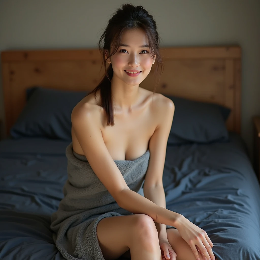 ulzzang -6500-v1.1, (Raw photo:1.2), (Photorealsitic), (See-through:1.3), (Real:1.4), NSFW、1 naked milf、41 years old、game_nffsw, Inviting look、looking at the viewers、Wearing (Wearing a nightgown:1.3)、Seduction pose in bed、game_nffsw, huge filesize, hight resolution, ighly detailed, top-quality, [​masterpiece:1.6], illustratio, ighly detailed, nffsw, finely detail, top-quality, 8k wallpaper, Cinematographic lighting, 1 milf, 41 years old, perfect body type, cute droopy eyes beautiful big eyes、Pieckfinger, ((masutepiece)), Best Quality, 1girl in, eye shadow, Portrait, ((FULL BODYSHOT:1.4))、(Very affectionate smile:1.2)、A bold pose that shows off your legs、realistic skin textures、shinny skin、Exposed thighs!!!