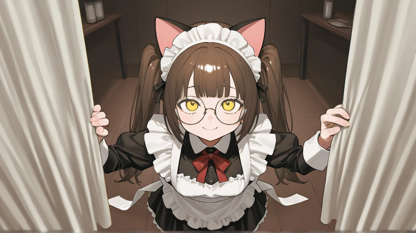 Cat girl,3 girls,long hair,happy face,glasses,blush,maid outfit,mini apron,maid headdress,cutie bow tie with ribbon,bead barcelet,light and shadow,upper body