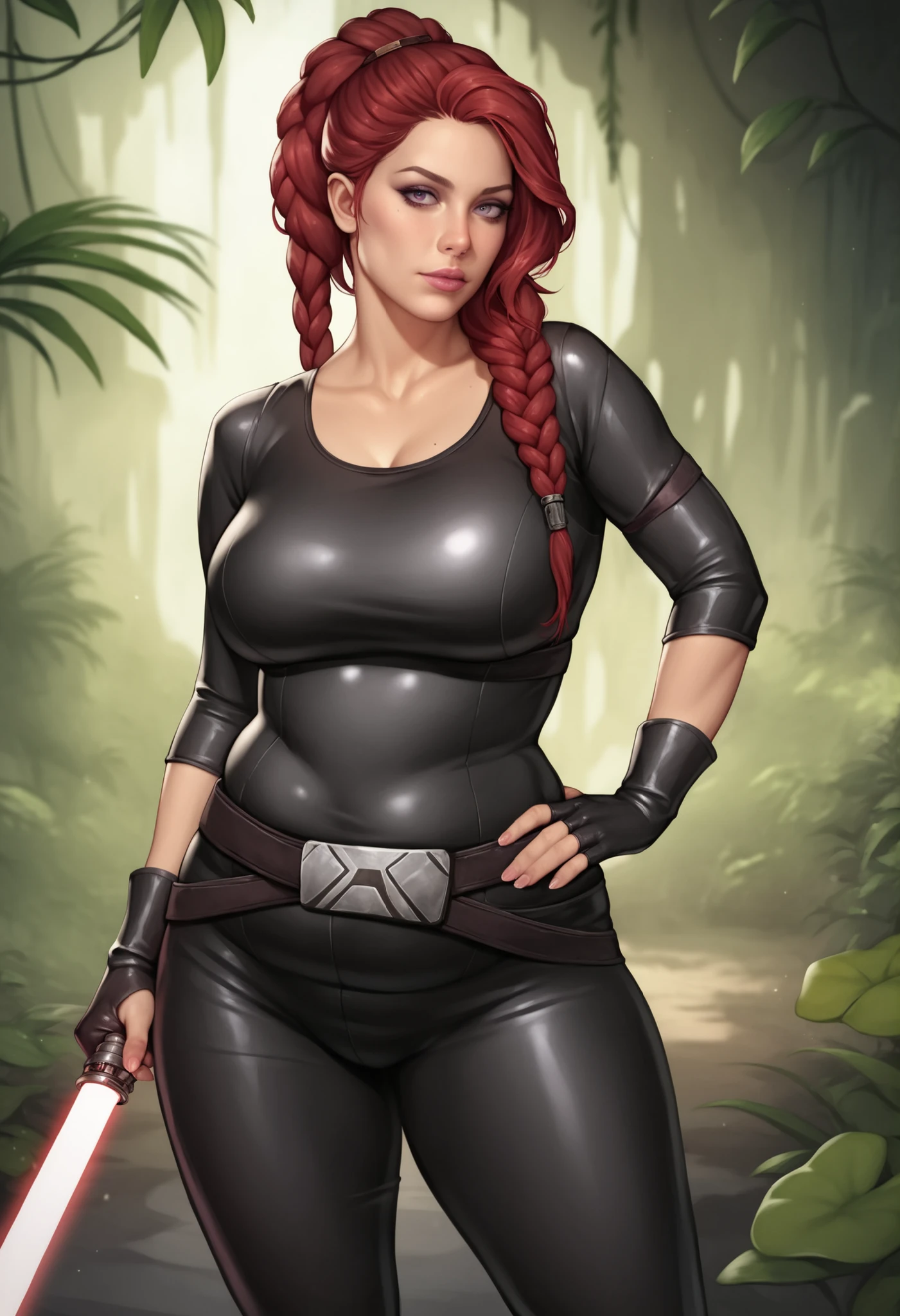 Star Wars based environment, Mara Jade, is depicted wearing her sleek, tight black leather suit. holds her purple light saber, her intense piercing eyes convey a mix of determination and alertness. Background: Outdoors, jungle planet landscape, red hair, Mara Jade, curvy, pudgy, overweight, black leather outfit, realistic, utility belt, white cloth sleeves, 