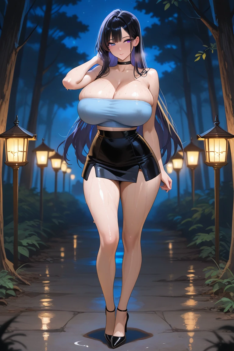 masterpiece, best quality, extremely detail 8k cg, high resolution, 1girl, yuugao, solo, purple hair, long hair, sidelocks, brown eyes, perfect eyes, thin body, huge breasts, bursting breasts, race queen, pelvic curtain, criss-cross halter, thigh strap, thighhighs, high heels, outdoors, garden, night time, beautiful face, full shot photo, full body