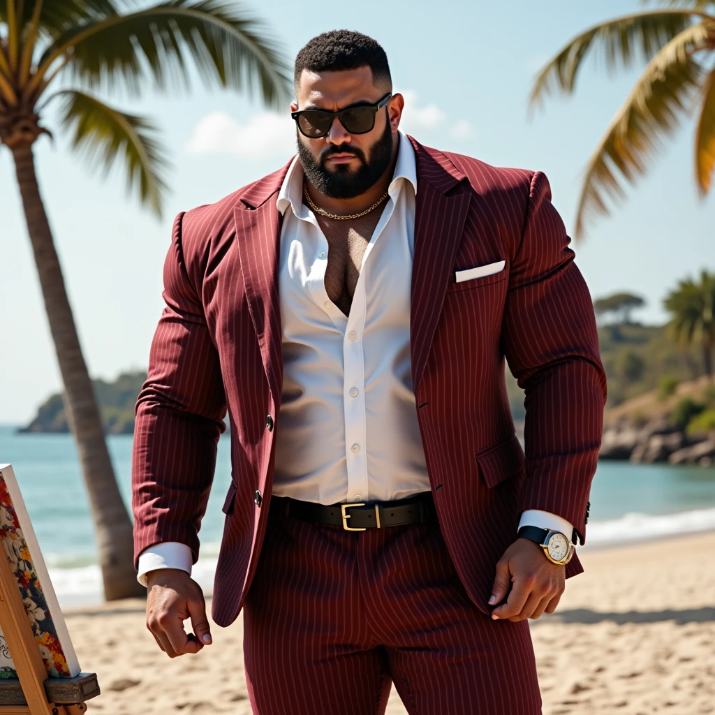 Apenas rechonchudo, gordinho, coxas extremamente grossas, barriga grande,Create a photorealistic full body image of Fred Flinstone gordinho gordinho coxas extremamente grossas bulging belly wearing only red speedos as if he were a real man. Ele deveria ter barba por fazer. Japanese businessman, gordinho e atarracado, de 56 anos, ex-jogador de rugby, com cabelo curto e barba curta, in a suit and tie and competitive white swim pants, sentado em um banco em um parque tranquilo.(((talking to the spectator gesturing with his hands, dialogando, discutindo. he is calling the viewer, he is delivering something, he is gesturing for you to come closer to him. Gargalhando, zangado, triste, muito feliz, deprimido. Cabelos de cores variadas.))),looking at the sky, luz do sol brilhante, paradise beach