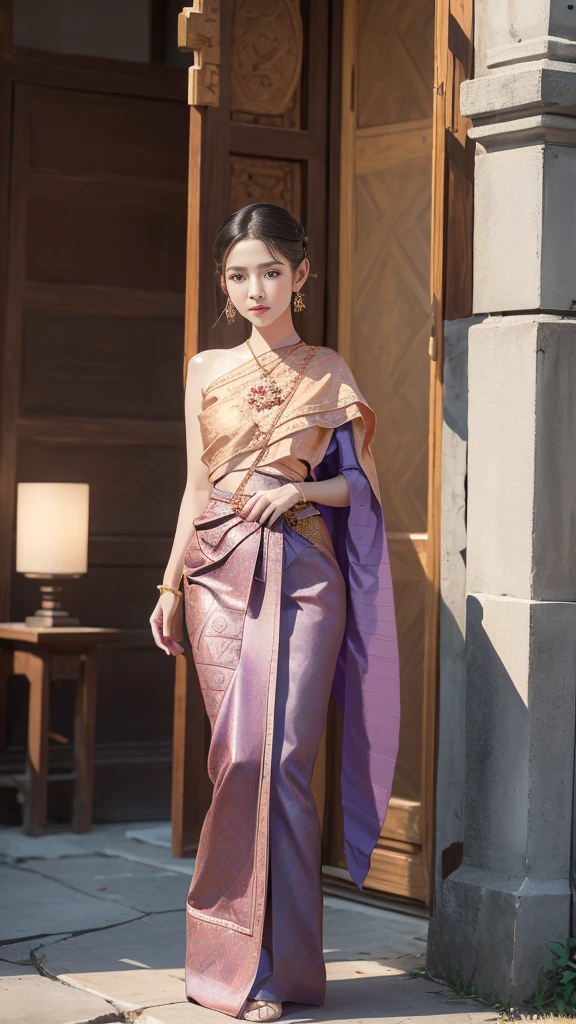 Detailed face, clear face, beautiful girl, Asian style makeup, red lips, brunette hair, very long hair, super long hair, crown, medium body, big breasts, super big breasts, Thai traditional costume, antique, sexy midi dress, purple dress, HD, full body, afternoon light, Thai temple background, right shoulder showing, left shawl, (random body orientation), hands clasped in front of body,
