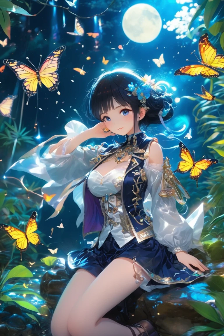 girl,full body,(detailed face:1.2), pure background,masterpiece, fashion,tokyo,harajuku,, medium hair, black hair, twintails, blunt bangs, brown eyes,big butterfly's wings,holy,sit on a big yellow moon,suspended above water
