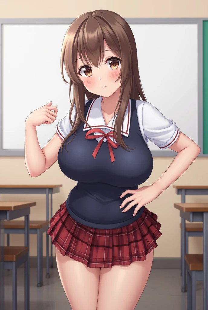 master-piece, bestquality, 1girls,16 years old, View viewers from front, HD, slight smile, big tits, cleavage, tights cloth, , tiny body, under tits cleavage, look down, uniform, paizuri invitation, nishizumi miho