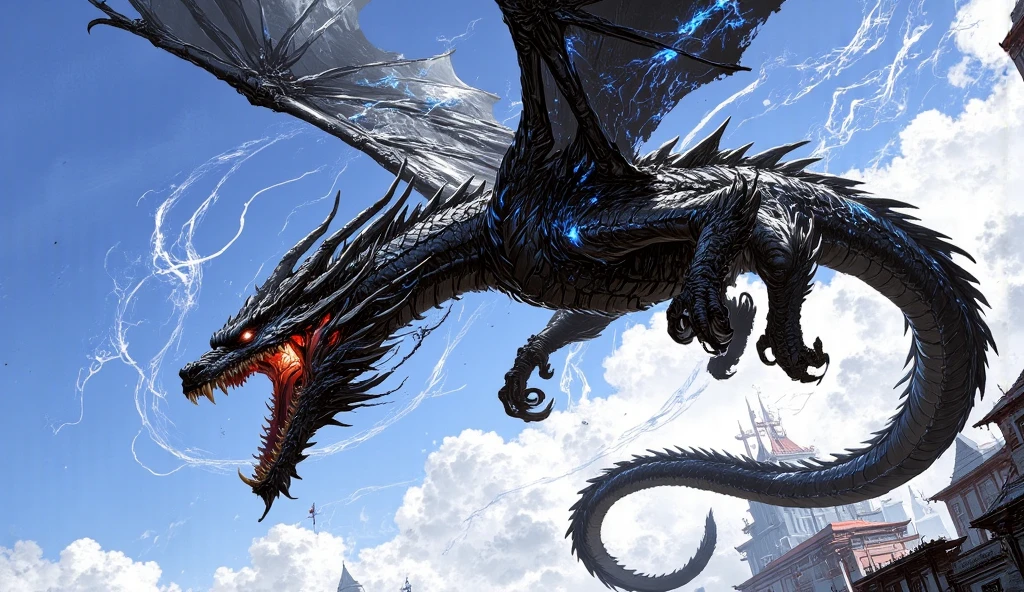 ((Highest quality)),(Ultra-high resolution),(Ultra-detailed new),(Detailed Description),((The best CG)),(masterpiece),Highly detailed art,A wonderful new art form,(Art with precise details:1.5), cloud, dragon:1.9,(Brave and courageous:1.6),(Shiny black scales in intricate detail:1.6)