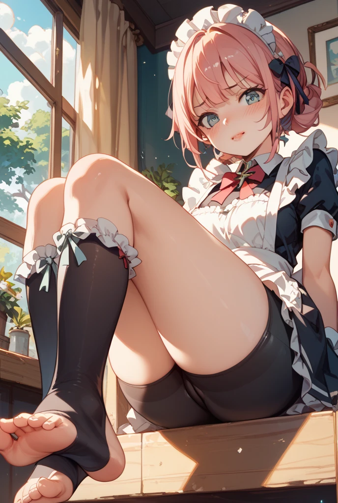 muste piece、masterpiece、highest quality、Super detailed、High resolution、8K portrait、High definition CG of Unity 8k wallpaper、cute type little:1.5、Lori:1.5、Highly detailed CG unity 8k wallpaper、Realistic、real person、 portrait photography、shiny skin、High definition、(16 years old:1.2)、(1 girl)、beautiful clear eyes、extremely detailed description、delicate face、nice lips、slender body、flat chest、(thin waist)、thin legs、(garden:1.6)、1 girl, cute type, perfect face, seriously, (blush:1.5),(Pink hair twin tails:1.3),(flat chest:1.3),((Maid clothes:1.3)),(black dress),(half nude:1.2),(I have nipples:1.2),(looking at view),(from front),gran,(wearing shoes),((climax in vagina:1.5)),(arms on head),(spread legs)