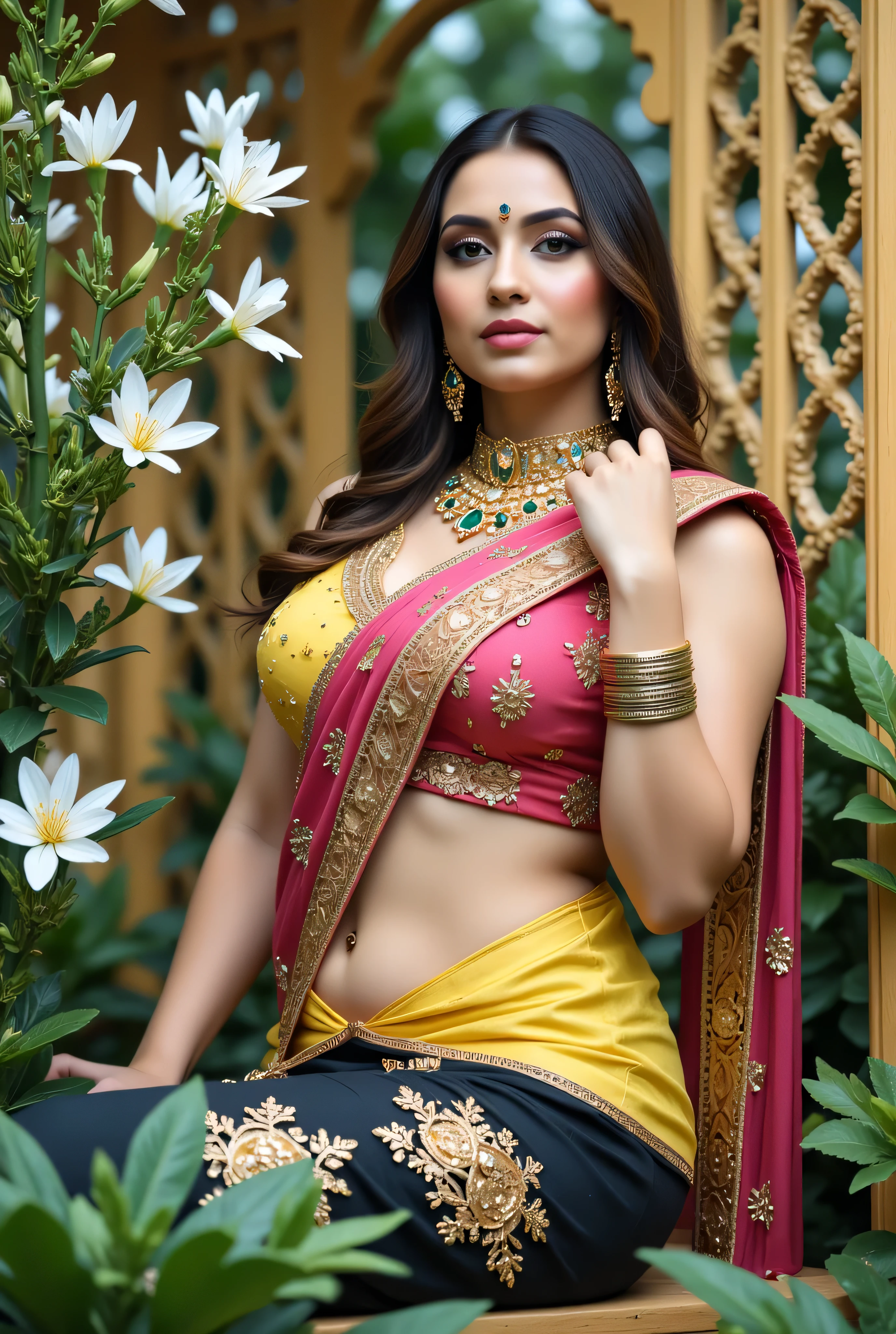 A captivating portrait of a yakshini Usha beautiful woman in a traditional Indian saree, posed elegantly in a lush garden setting. The saree is a stunning combination of vibrant yellow and black, adorned with intricate gold embroidery and embellishments. The blouse features a deep neckline with ornate golden patterns, seamlessly blending with the saree’s rich, luxurious fabric. The saree's pallu drapes gracefully over her shoulder, accentuating her poised and graceful demeanor.
The woman has long, flowing hair styled in soft waves, complementing her refined and graceful appearance. Her skin has a warm, glowing complexion, enhanced by subtle,natural makeup with a hint of blush and glossy pink lips. Her striking eyes are accentuated with soft eyeliner and long lashes, and she wears a traditional bindi on her forehead, adding a touch of cultural elegance.
She is adorned with traditional Indian jewelry, including a grand gold necklace with emerald gemstones, matching chandelier earrings, and stacked golden bangles. The jewelry sparkles subtly under the soft natural light. The setting features a garden filled with blooming white flowers, lush greenery, and intricate lattice structures, creating a serene and romantic atmosphere.Lighting is soft, with natural sunlight filtering through the foliage, casting delicate shadows and highlights on her face and attire. The overall mood of the image is one of elegance, grace, and timeless beauty, with a rich, vibrant color palette that highlights the cultural and artistic elements of traditional Indian fashion.Style: Hyper-realistic, vivid colors, ultra-high-detail embroidery, intricate jewelry design, soft natural lighting, graceful pose, serene garden ambiance.Camera Settings: ultra-High resolution, portrait orientation, shallow depth of field, focus on the subject, soft background blur to enhance the model's prominence.