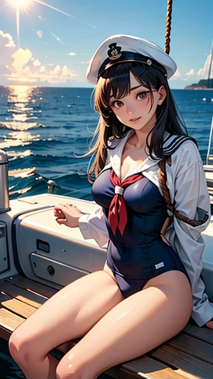 A woman standing on a sailboat deck, wearing a nautical striped swimsuit or cover-up. She’s holding onto the boat’s railing, with the open sea and clear sky in the background. Nautical details like ropes, a captain’s hat, or a lifebuoy enhance the scene. The sun is shining, creating a bright and adventurous atmosphere.