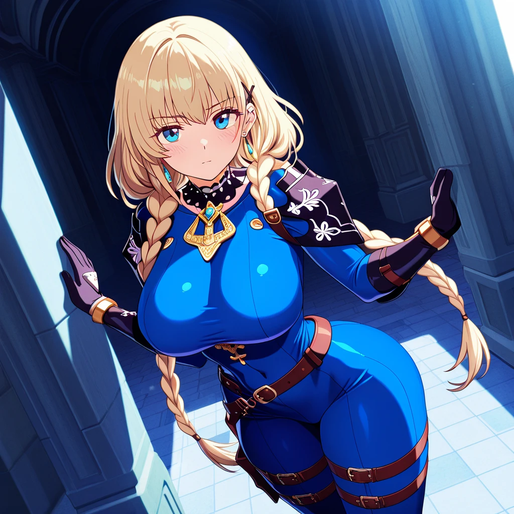 The character, depicted in a dynamic pose, wields a sword and shield, suggesting a warrior or fighter. She has blonde hair, blue eyes, and wears armor reminiscent of fantasy and mythology, common in many games and stories. Exaggerated and voluptuous features distinguish her, including a curvy silhouette, wide hips, thick thighs, and plump, large breasts. Towering at 188cm, she boasts hyper-realistic, saggy breasts and an intricately designed breastplate. The FFXIV art style is evident, reflecting the impact of social media and online platforms on perceptions of body size and shape. The artwork is highly detailed, vibrant, and focuses on the character's physique and the elaborate environment. With big boobs and a full body, it has gained popularity on ArtStation and CGSociety. Notably, the sharp focus showcases Leina or Reina Vance, possibly associated with Queen Blade or Queen Blade Unlimited and the Gigantic Breast trend. Her blonde hair flows long and free, completing her striking appearance as Queen Marika. She has a history of fashion and its impact on perceptions of breast size, as they are 188cm.