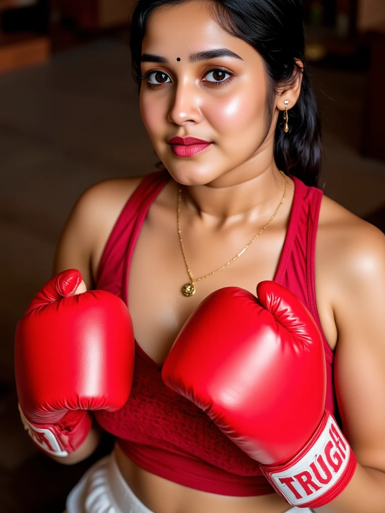 Looks like Anushka Shetty,side view,side profile,viewed from side,hugging,holding tightly,warm embrace,arms wrapped around,smiling,sensual expression,side profile view,31 year old woman,not too skinny,slightly chubby ,studio quality,sweat,sweating ,sleeveless,exhausted,tired,boxing gloves,pink blouse,