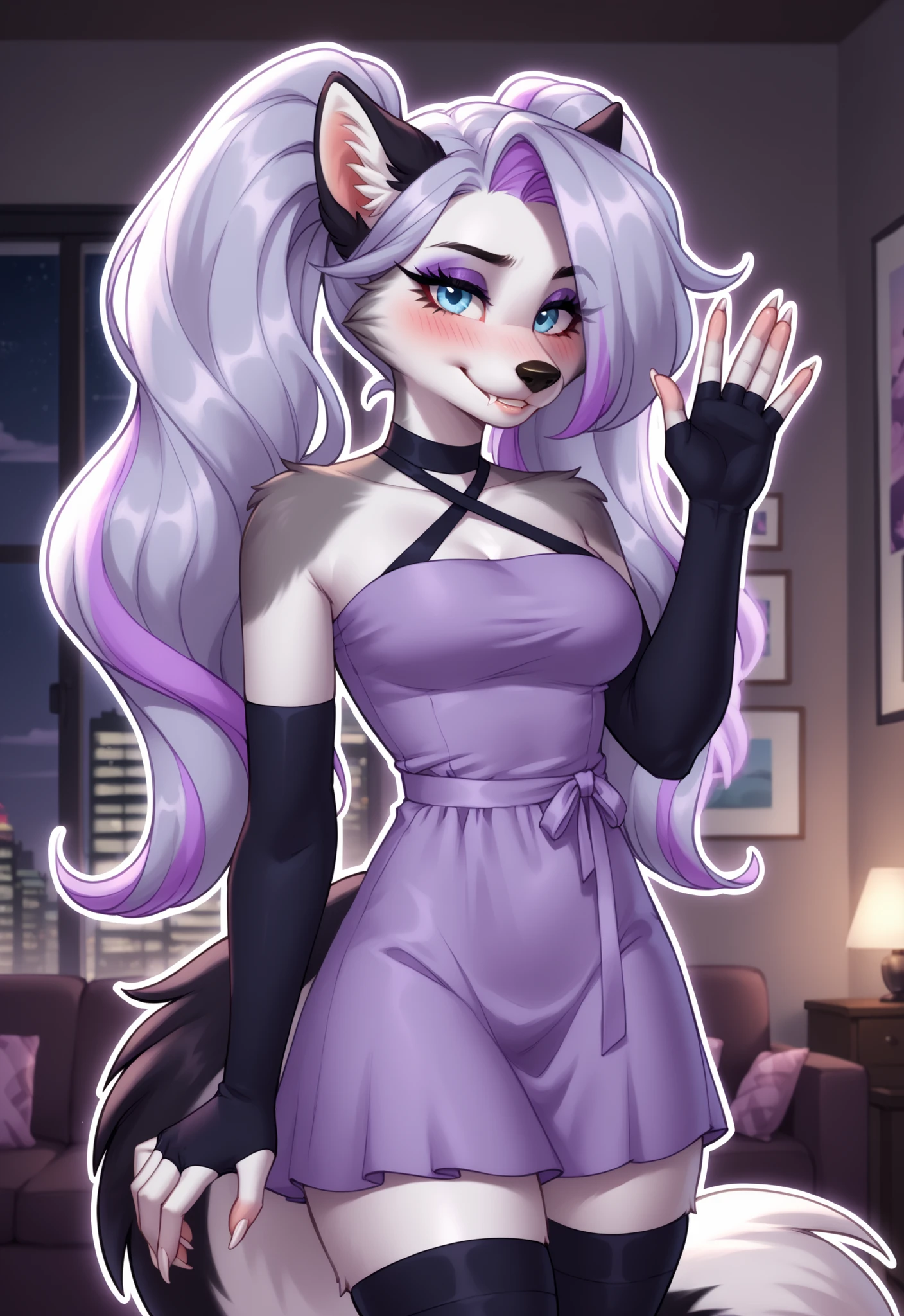(4K HD Quality), score_9_up, score_8_up, score_6_up, anthro, solo, 1girl, anthropomorphic, female, furry, fox, (blue eyes:1.1), medium breasts, long white tail, (white claw:1.4), pink pad paws,
(Long thick hair, (Lavender hair:1.4), (lavender highlights hair:1.4), (lavender streaks hair:1.4), (lavender dip dye hair:1.4), (lavender tip dyeing hair:1.4)),
(Twintails hair:1.4),
Loona, black-purple ears, white fur, (gray fur:1.3), (long purple streaks tail:1.4),
(Dark purple eyeshadow, black-purple sleeve gloves (fingerless):1.2), (black-purple Thigh-high socks (toeless):1.2),
Short strapless dress (sleeveless), (lavender dress:1.2),
(White outline:1.4), blushing, smile, looking at viewer, Half-closed eyes, shy, nervous, (close-up view:1.4),
standing, waving living room, night, (big city view:1.3), (simple dark background:1.1),