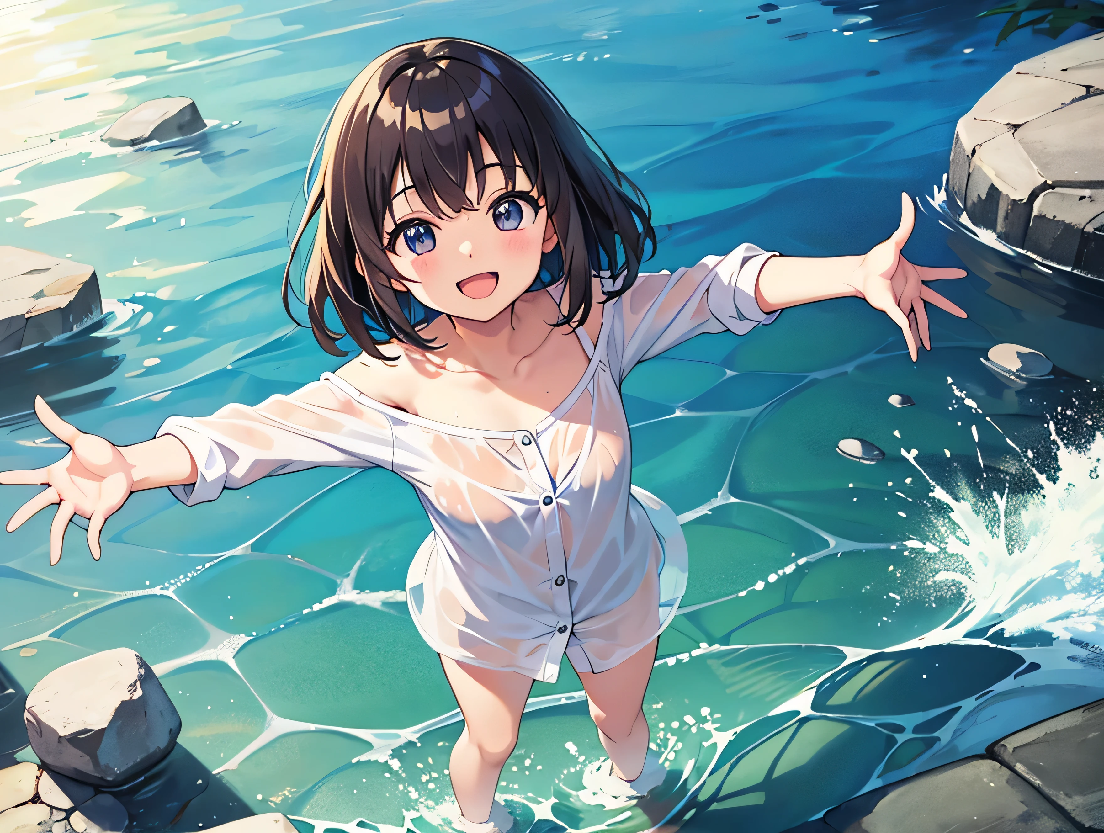 (Ultra-high resolution of the highest quality, masutepiece, Best Quality, 8K, Super Detail, Best Quality:1.3), (Anatomically correct:1.3), (1 Little Girl), (Child), (Loli), (Small body), (flat chest), elementary school student, short black wavy hair, white t-shirt, sitting, in Park Fountain, funny smile, (wet:1.6), (sexual aroused:1.2)
