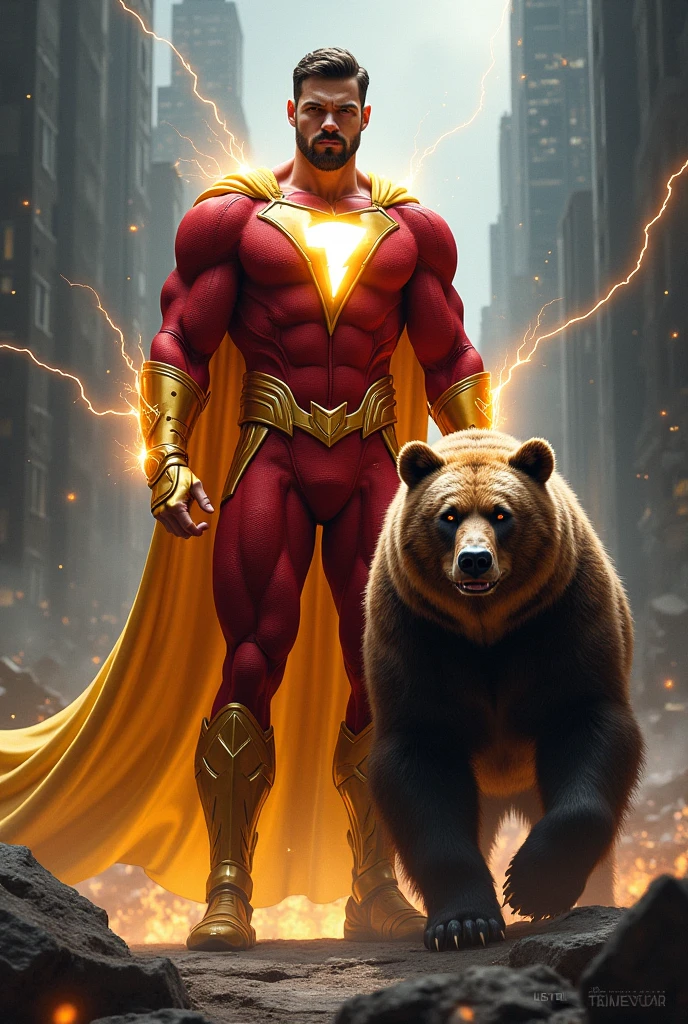 Superman leaving a pizza party on fire with a bear and a rabbit,and they became best friends