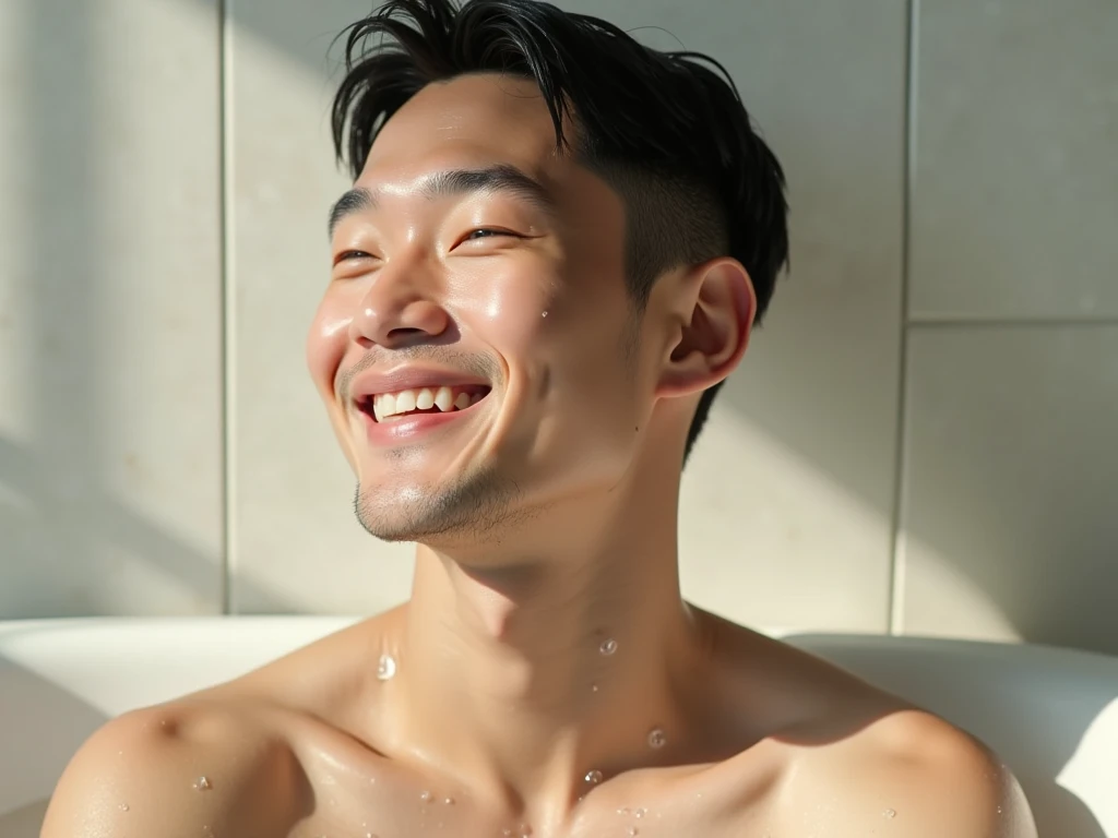 Japanese men、12 years old、Muscles and smooth skin、Swimmers、Short black hair、Relaxed and friendly smile、Metallic blue thin boxer briefs、The whole body is visible、Laughing with your mouth open、