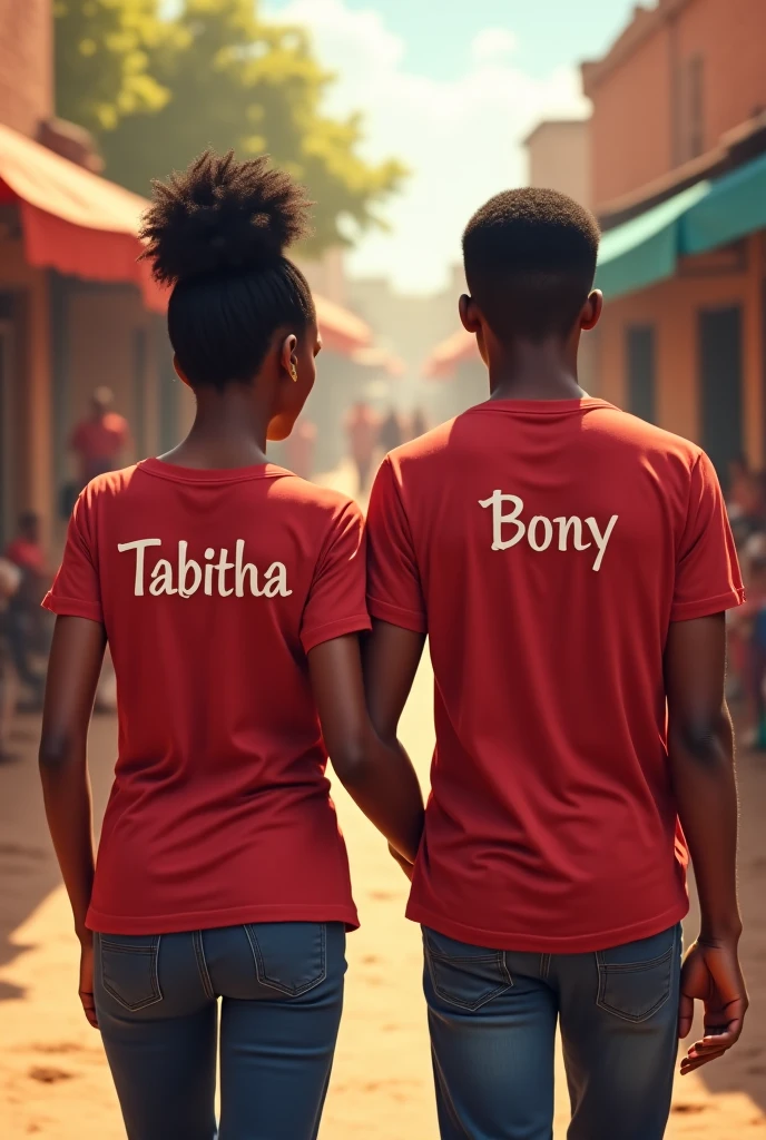 Draw a kenyan man who's age 19 years who's big body builder.Sitting with his girlfriend.The girl's t-shirt is written "I love Roba".