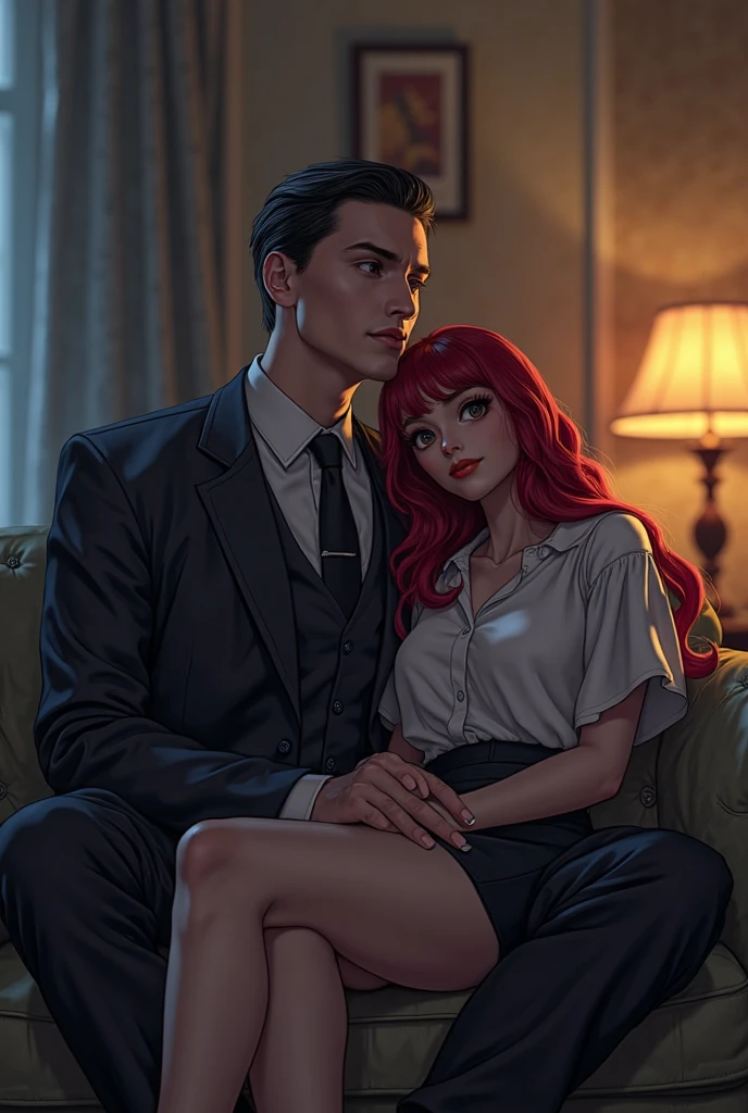 there are two people sitting on a couch with a book, realistic artstyle, realistic art style, fan art, sakimichan and frank franzzeta, realistic art, photorealistic artstyle, realistic scene, widowmaker's former lover, digital art of an elegant, crimson themed, in style of marvel and dc, nixeu and sakimichan