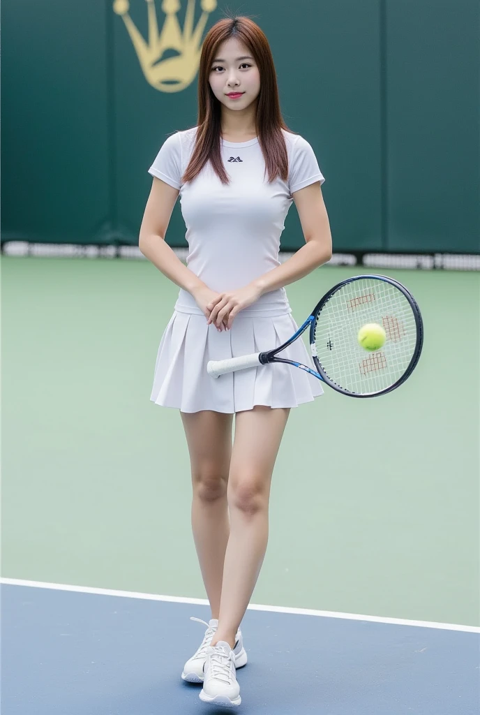 (8K, Best Quality, Masterpiece: 1.2), (Realistic, Photorealistic: 1.37), Super Detail, 1 Girl, 20 years old, Big, Beauty, Cute, Smile, Solo, Tennis Wear, Mini Skirt, Tennis Court, Racket, Tennis Ball, (Redness of the Nose), (Smile: 1.15), (Mouth Closed), Beautiful Eyes, (Long Hair: 1.2), Floating Hair Novafrog style, upper body