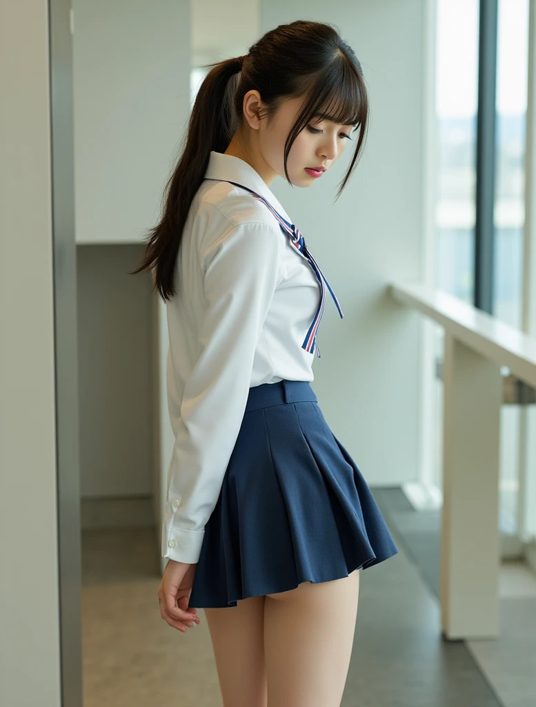 (8K, best quality, masterpiece:1.2), (realistic, photo-realistic:1.37), (high color saturation:1.0), (highly detailed skin), (highest quality:1.0), (ultra high resolution:1.0) ,(realistic:1.0), (Super detailed:1.0), (8K, Raw photo:1.1)、standing random pose, smiling, natural breast, perfect lighting, ((3girls students)), 18years old, (mysterious), clear and detailed, ((school_uniform, Japanese blazer uniform, flared skirt)), (indoor school climb the stairs), surprised face, (panties), looking at back viewer, nsfw, low angle photo,