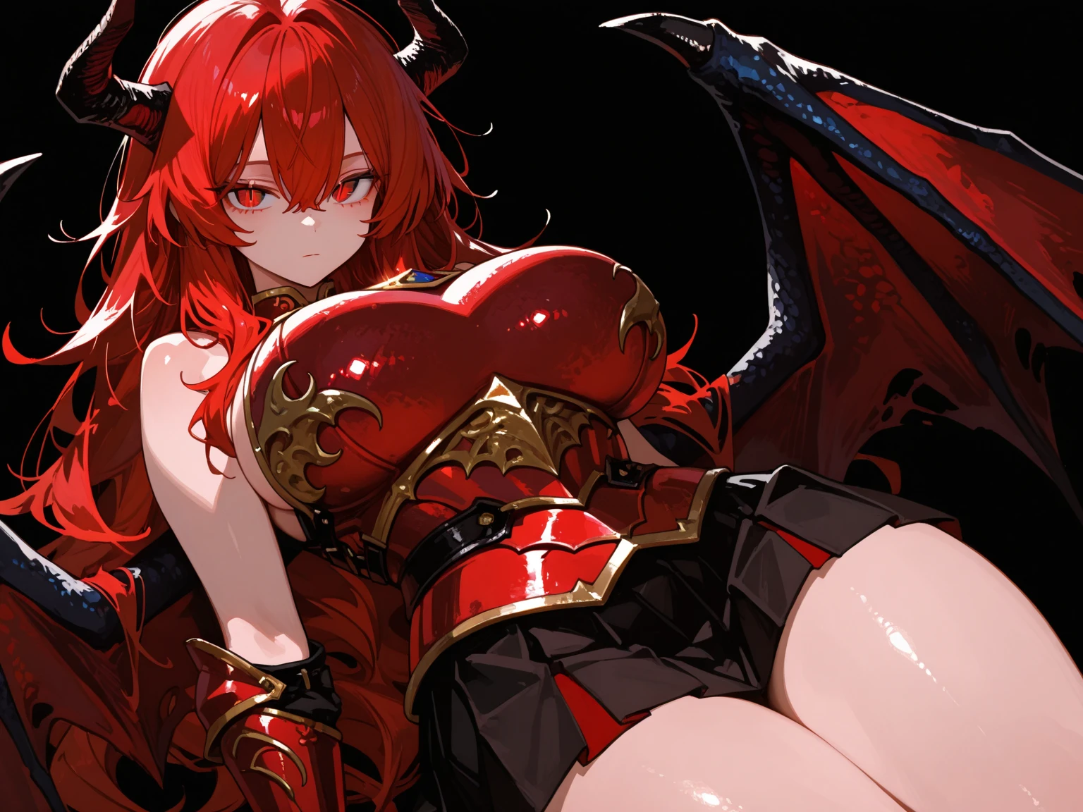 ((best quality)), ((masterpiece)), (detailed), perfect face, 1girl, solo, black and red armour, horns, ashes, molten lava, fire breath, large breasts, black legwear, ultra detailed, highest resolution, best quality, gorgeous lady