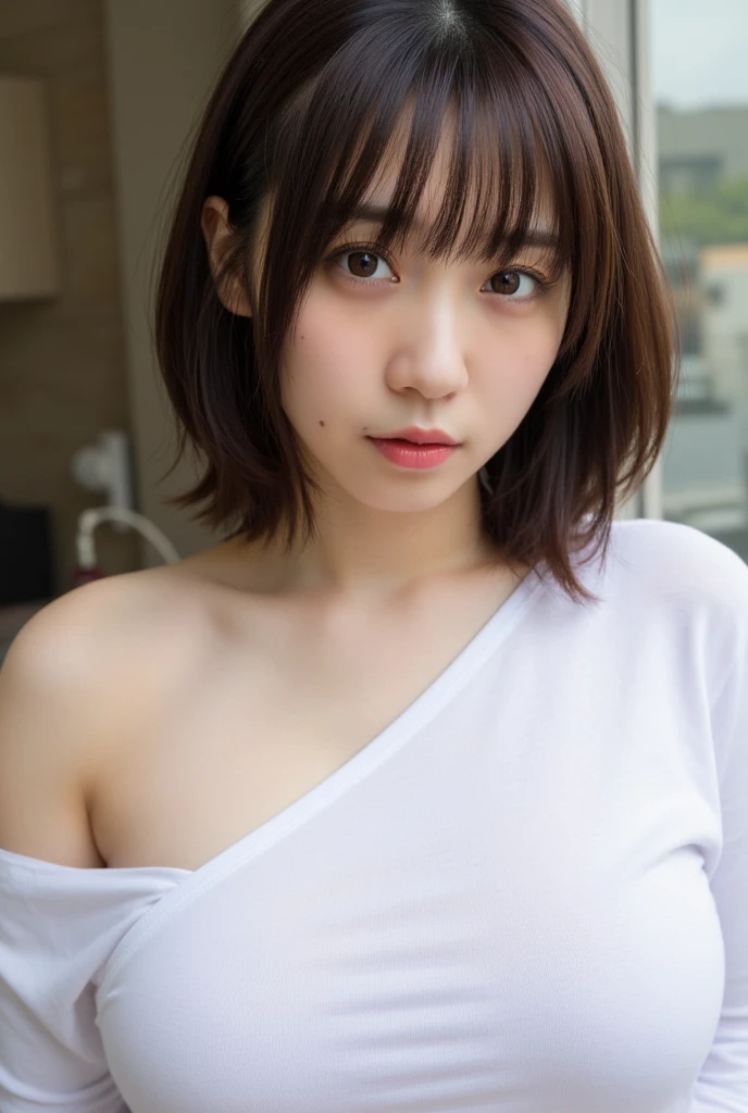 Realistic、Masseter region、highest quality、High resolution、RAW Photos、Realistic、Bright lighting、Face Light、Smooth Professional Lighting、alone、Japanese women、Half Beauty、Adult female、Beautiful woman、Modeled、so beautiful、Realistic skin、Realistic face、Beautiful Eyes、Brown eyes、Inconspicuous tear bags、slim、Medium sized big breasts、short hair、Brunette colored hair、Looking into the camera、Looks happy、Cool Beauty、Camel Toe、White T-shirt、Leaning forward、The camera is looking at the chest from above.、Her cleavage is visible、