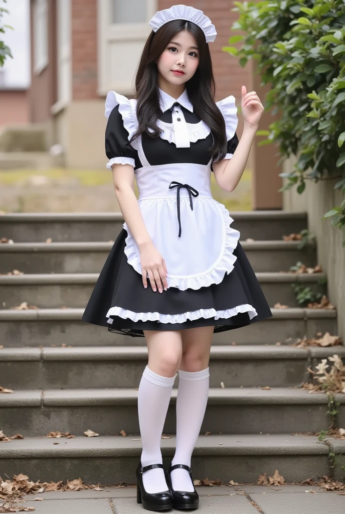 top-quality、8K Masterpiece、ultra-detailed face、1 childish girl、 wearing maid costume、Full body、kawaii pose、professional lighting、Happy expression、Shiny wet crow hair、perfect anatomy、garden