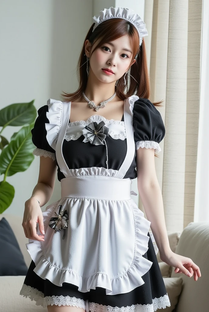 (8k, Realistic, RAW photo, best quality:1.4), (extremely detailed:1.2), perfect anatomy, beautiful Japanese woman, Facial beauty, (Realistic Faces), (Realistic eyes), beautiful eyes, (Realistic Skin), Golden Ratio Body, Well-toned muscular thighs, beautiful legs, beautiful skin, (Maid Clothes:1.3), miniskirt, (high heels:1.5), (Large breasts:1.3), ultra-high resolution, very detailed, Full Body Shot, Front View, outdoor