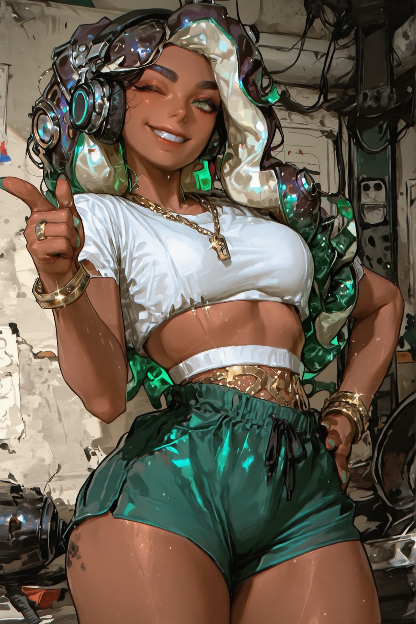 score_9, score_8_up, score_7_up, score_6_up, score_5_up, score_4_up,
BREAK
(masterpiece: 1.0), best quality, perfect anatomy, perfect composition, perfection,
BREAK
cinematic lighting, stopu42
BREAK
1girl, Marina (Splatoon), dark skin, dark skinned female, hand on hip, pointing to viewer, wide grin, wink, headphones, ear piercings, accurate anatomy, green eyes, white crop top, golden necklace, multicolor bangles, green shorts, thick thighs,