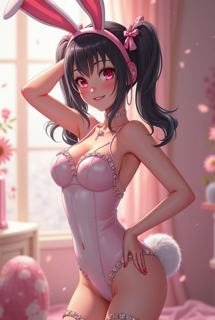 Teenage bunny girl dirty room at night, retro old pink bed, bras, panties, underwear scattered, PlayStation 5 and controller, PC and monitor, bunny art on display monitor, window, pink and blue light entering the room, junk food, cup noodle and DRINK jars and cans are scattered, trash cans are overflowing. The walls are bare with cables and wiring, only the appliances are futuristic, sparkling dust is flying around the room, night, HD, 8K, masterpiece, real ,((dildoridingback)),from behind