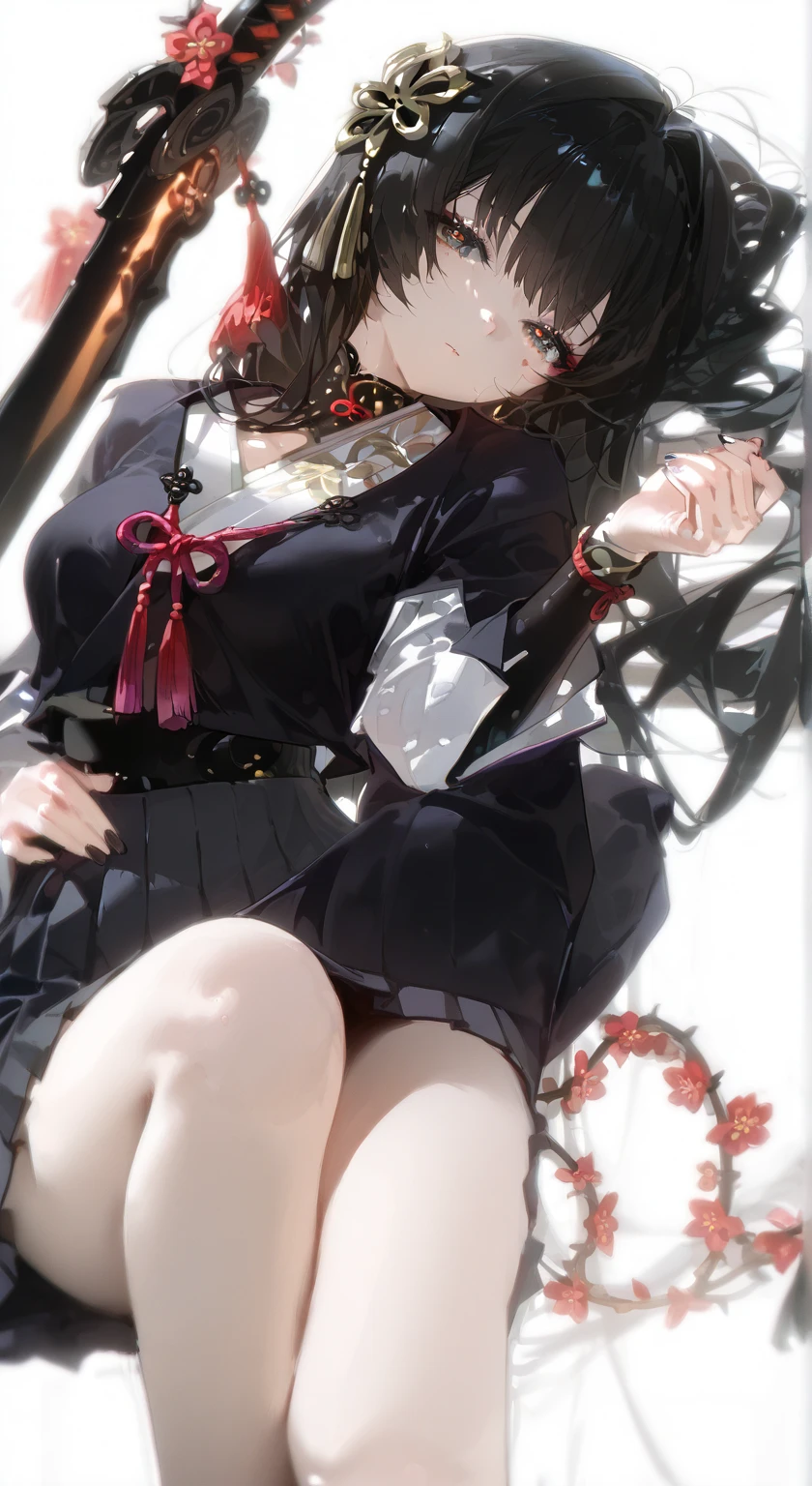 Bblack hair, round glasses (pink eyes), ((white bows on the head)), imperial chinese hairstyle, gorgeous face, looking to the down, view from below, brush in hand