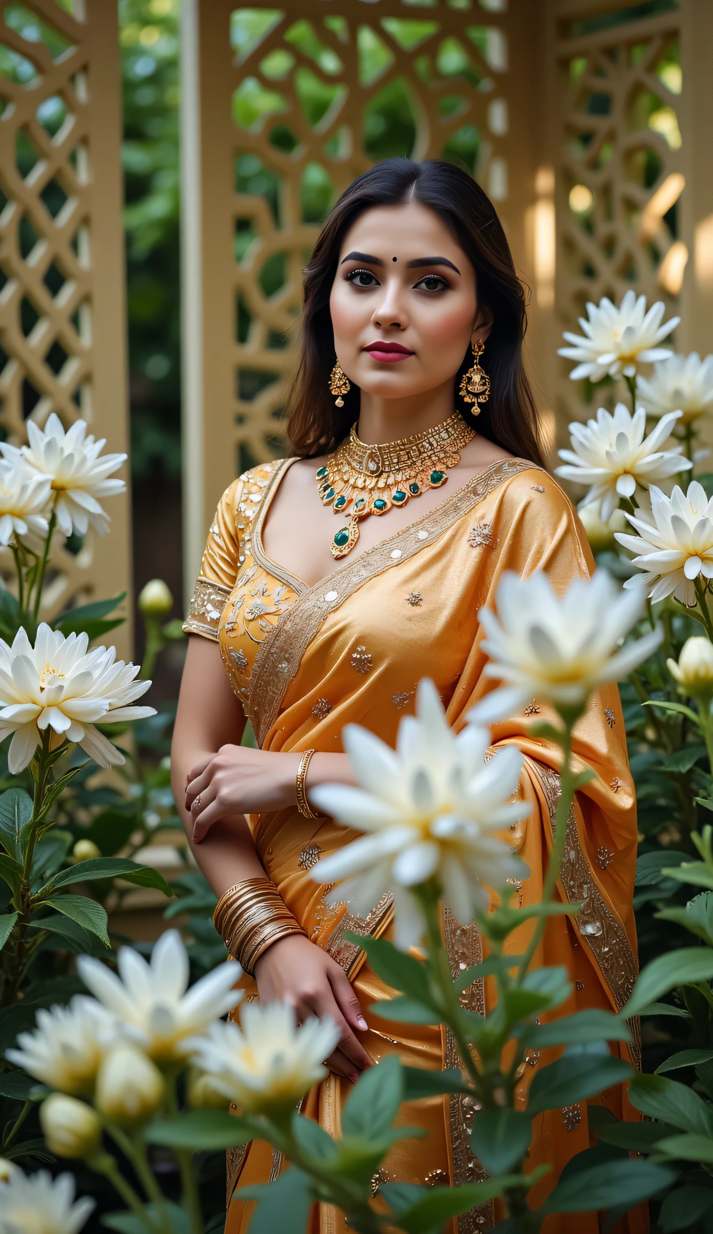 A captivating portrait of a yakshini Usha beautiful woman in a traditional Indian saree, posed elegantly in a lush garden setting. The saree is a stunning combination of vibrant yellow and black, adorned with intricate gold embroidery and embellishments. The blouse features a deep neckline with ornate golden patterns, seamlessly blending with the saree’s rich, luxurious fabric. The saree's pallu drapes gracefully over her shoulder, accentuating her poised and graceful demeanor.
The woman has long, flowing hair styled in soft waves, complementing her refined and graceful appearance. Her skin has a warm, glowing complexion, enhanced by subtle,natural makeup with a hint of blush and glossy pink lips. Her striking eyes are accentuated with soft eyeliner and long lashes, and she wears a traditional bindi on her forehead, adding a touch of cultural elegance.
She is adorned with traditional Indian jewelry, including a grand gold necklace with emerald gemstones, matching chandelier earrings, and stacked golden bangles. The jewelry sparkles subtly under the soft natural light. The setting features a garden filled with blooming white flowers, lush greenery, and intricate lattice structures, creating a serene and romantic atmosphere.Lighting is soft, with natural sunlight filtering through the foliage, casting delicate shadows and highlights on her face and attire. The overall mood of the image is one of elegance, grace, and timeless beauty, with a rich, vibrant color palette that highlights the cultural and artistic elements of traditional Indian fashion.Style: Hyper-realistic, vivid colors, ultra-high-detail embroidery, intricate jewelry design, soft natural lighting, graceful pose, serene garden ambiance.Camera Settings: ultra-High resolution, portrait orientation, shallow depth of field, focus on the subject, soft background blur to enhance the model's prominence.