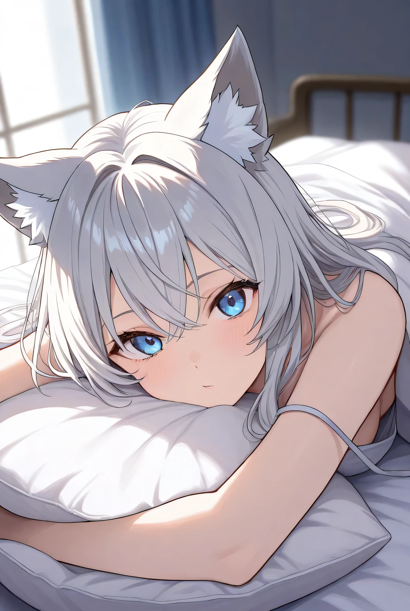  Anime, 1girl,Wolf Girl、 Silver Hair、Blue eyes、masterpiece, Highest Quality、very aesthetic, high resolution, Newest,bed,寝起き、