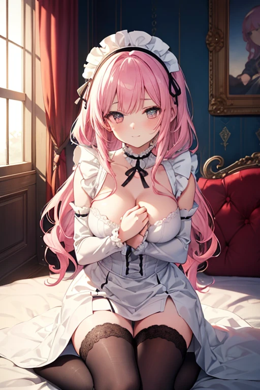 anime character with a sword and a white dress with a red and black writing, pink hair, red eyes, nun veil, huge breasts, See through lingerie, bed room, wet clothes, sheer negligee, blush cheeks