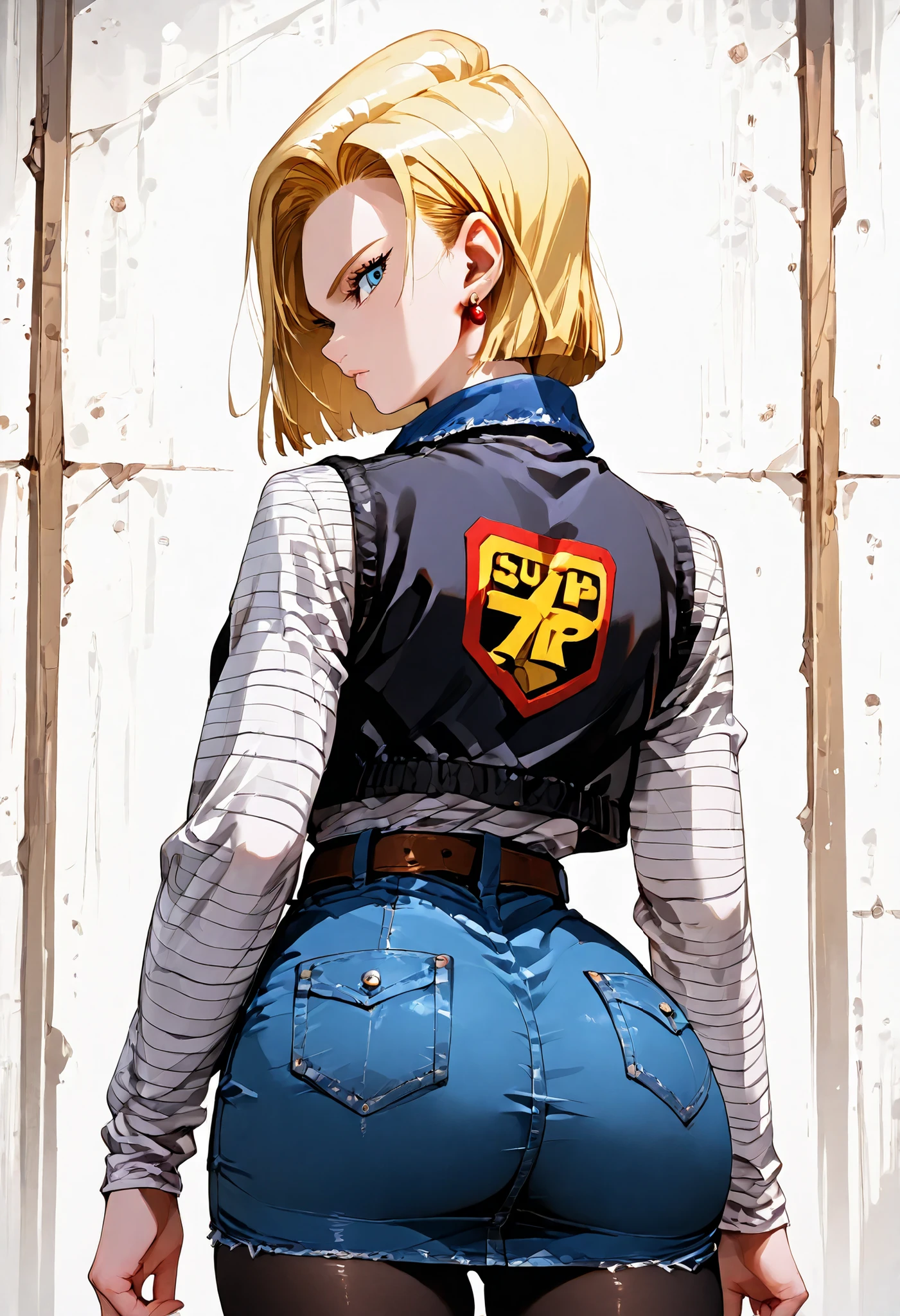 score_9, score_8_up, score_7_up, BREAK, score_9, Android18SDXL, short hair, blue eyes, skirt, blonde hair, jewelry, jacket, pantyhose, earrings, belt, vest, denim, denim skirt, android 18, 1girl, solo, looking at viewer, cowboy shot, ass, from behind, tournament