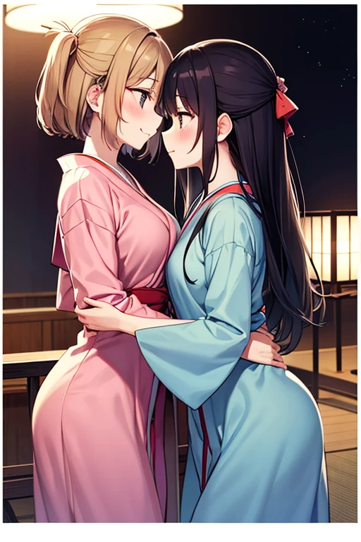 Two Girls、、kimono、Clothes falling apart、tits、Nipples、Deep Kiss、Embrace、Hotel