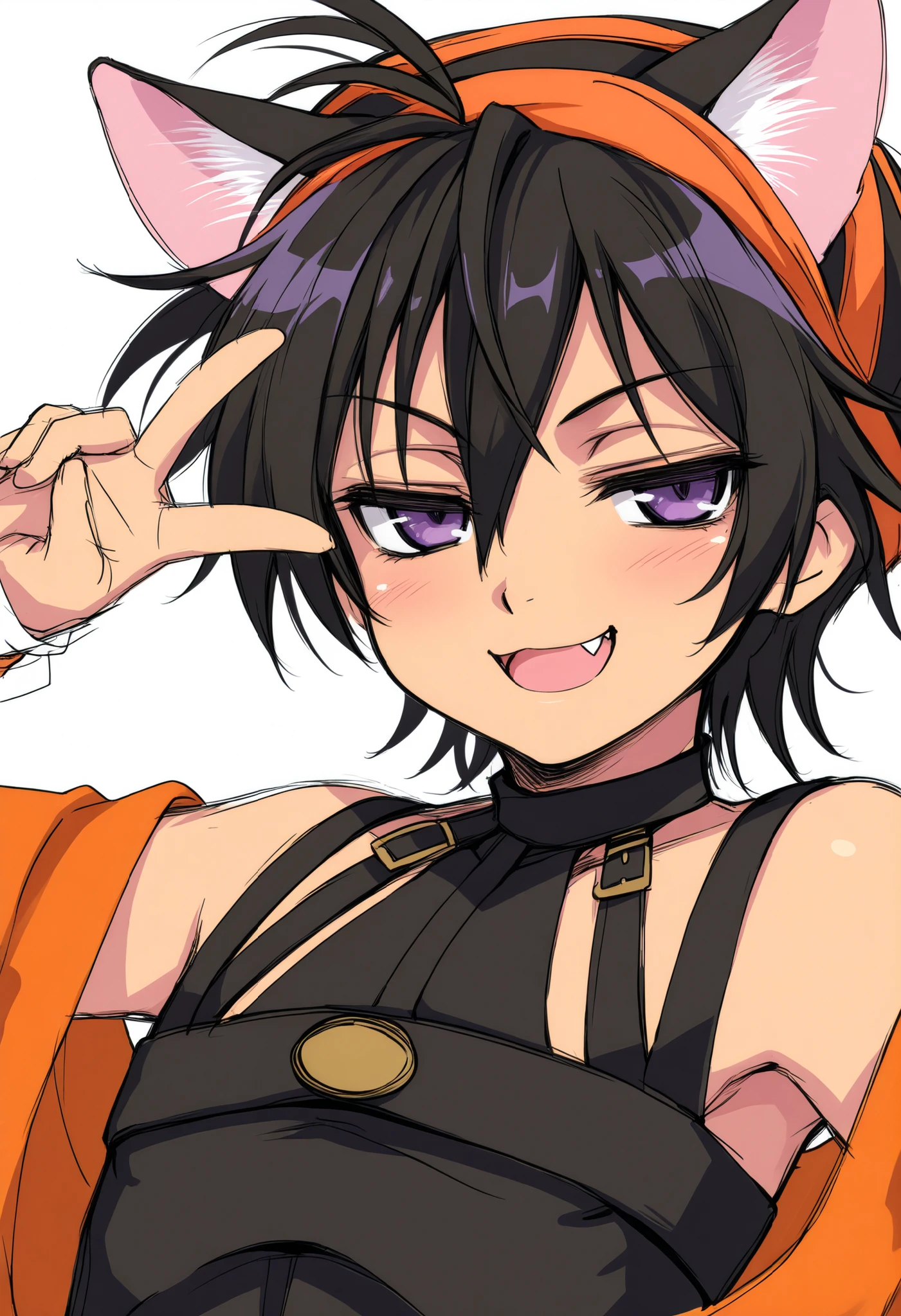 narancia,one boy,cute,cool,brack cat ears,brack hair,purple eyes,animal ears, white background, Bust-up shot, naughty face,solo, sketch, fang