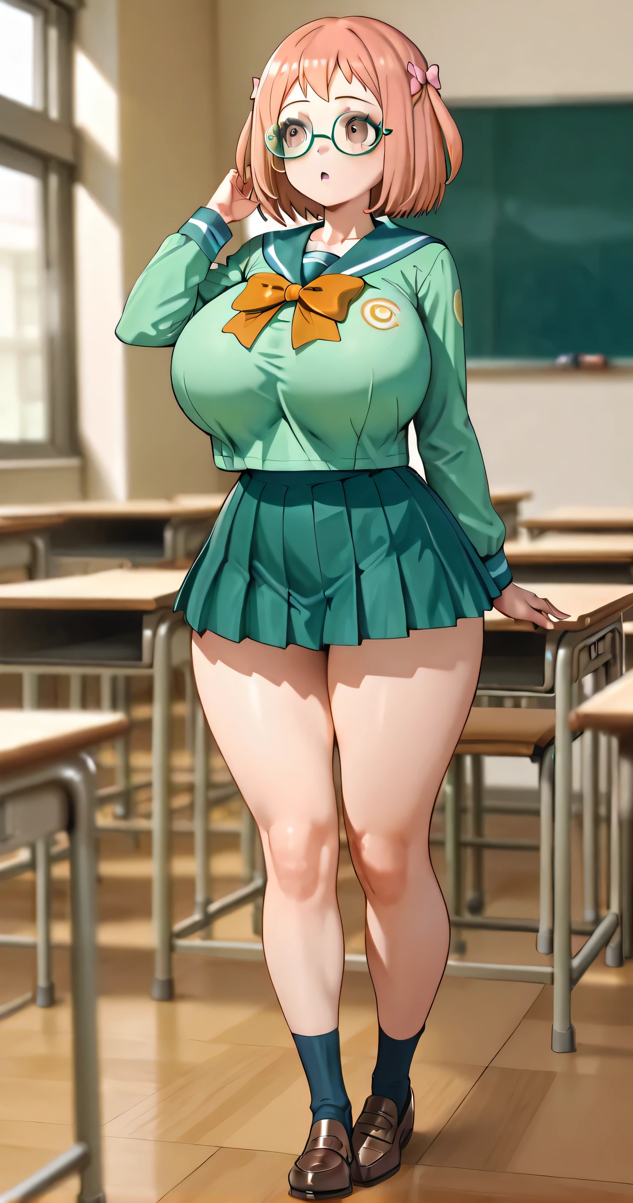 sasaki chiho.
eyelashes, short hair, brown hair, ribbon, brown eyes, two sides up, hair ornament. green shirt glasses, sailor, long sleeve, V-neck pronounced . huge breasts.
Green pleated microskirt, thighs and wide legs. brown loafers. seated, classroom . alone.