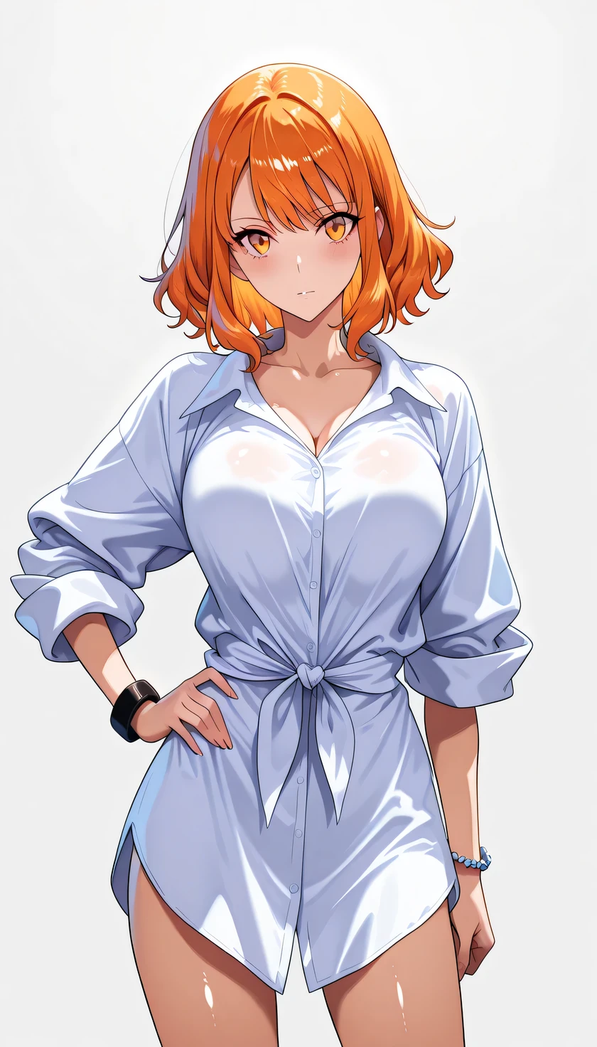 full-body girl, black stylish outfit, oversized loose shirt, loosely tied tie, rolled-up sleeves, simple shiny bracelet on wrist, long black wavy hair, bright orange eyes, confident strong expression, one hand on hip, one arm forward, simple background, soft lighting, cool charming atmosphere