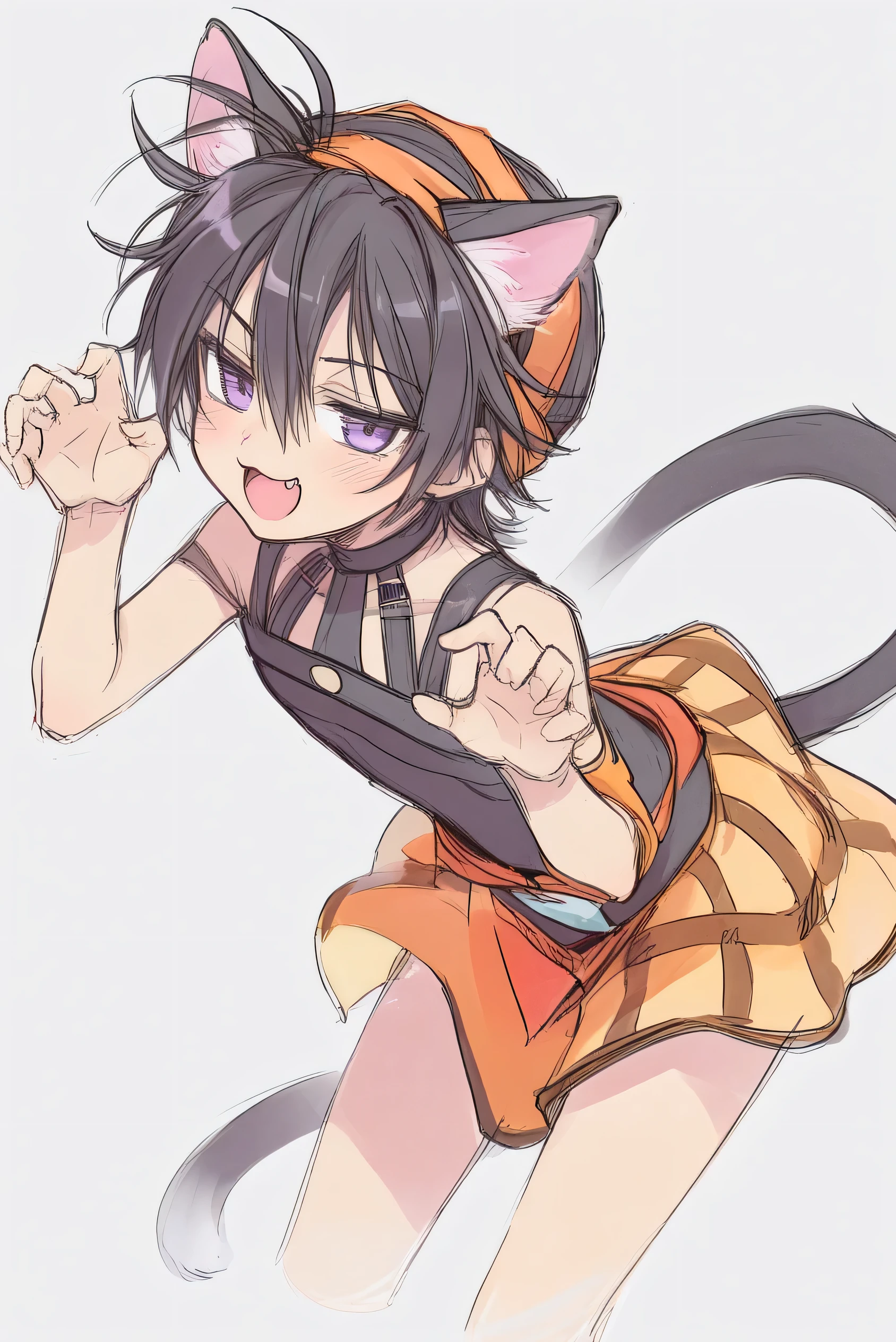 narancia,one boy,cute,cool,brack cat ears,brack hair,purple eyes,brack tail, white background, Bust-up shot, naughty face,solo, sketch, fang,narancia’s clothes,brack clothes, claw pose