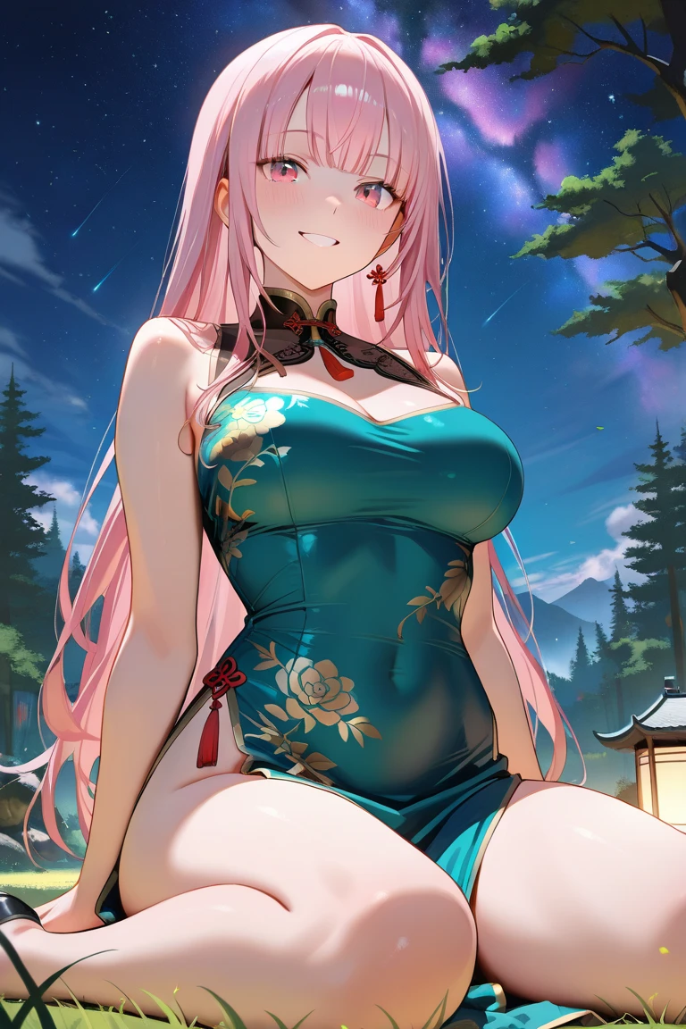(pornography), (anime,8k,masterpiece, top quality, best quality,beautiful and aesthetic:1.2,professional illustrasion:1.1,ultra detail:1.3,perfect lighting), extremely detailed, highest detailed, incredibly absurdres, highres, ultra detailed, intricate:1.6, (girl), noble, (highly detailed beautiful face and eyes), pale skin, parfect body, thighs, large breasts, big areola, pink eyes, elf ears, pink hair, long hair, straight hair, long skrt, thin pubic hair, oily skin, cute, bare shoulders, china dress, chinese clothes, short dress, cleavage cutout, sideboob, thighs, nsfw, undress, showing