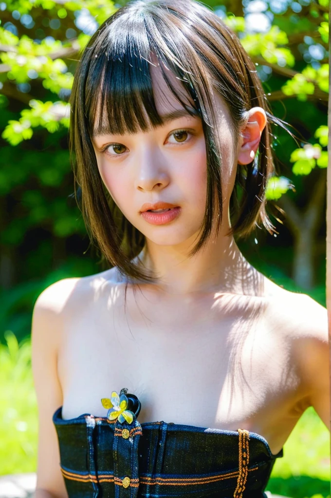 happy, big blush, flat chest:1.2, (from above:1.2), (naked:1.4), (lying:1.2), (upper body shot:1.2), (flower garden:1.2)