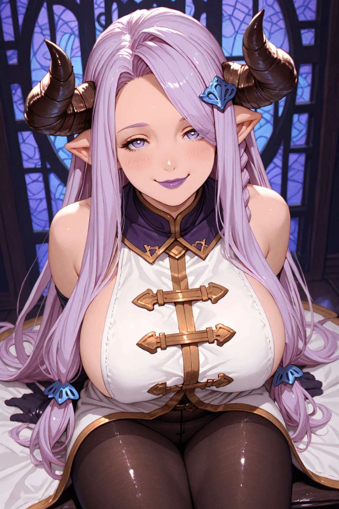 Neltuz,(enchanting smile:1.2),blush,(big breasts:1.5),shiny,hair,((alone)),((masterpiece)),((highest quality)),perfect anatomy,slim waist,perfect image,8k UHD,(detailed and beautiful eyes:1.3),highly detailed face,Are standing,(Upper body:1.1),(look ahead:1.1),back arm,super detailed,disorganized,High resolution,indoor hall,horn,