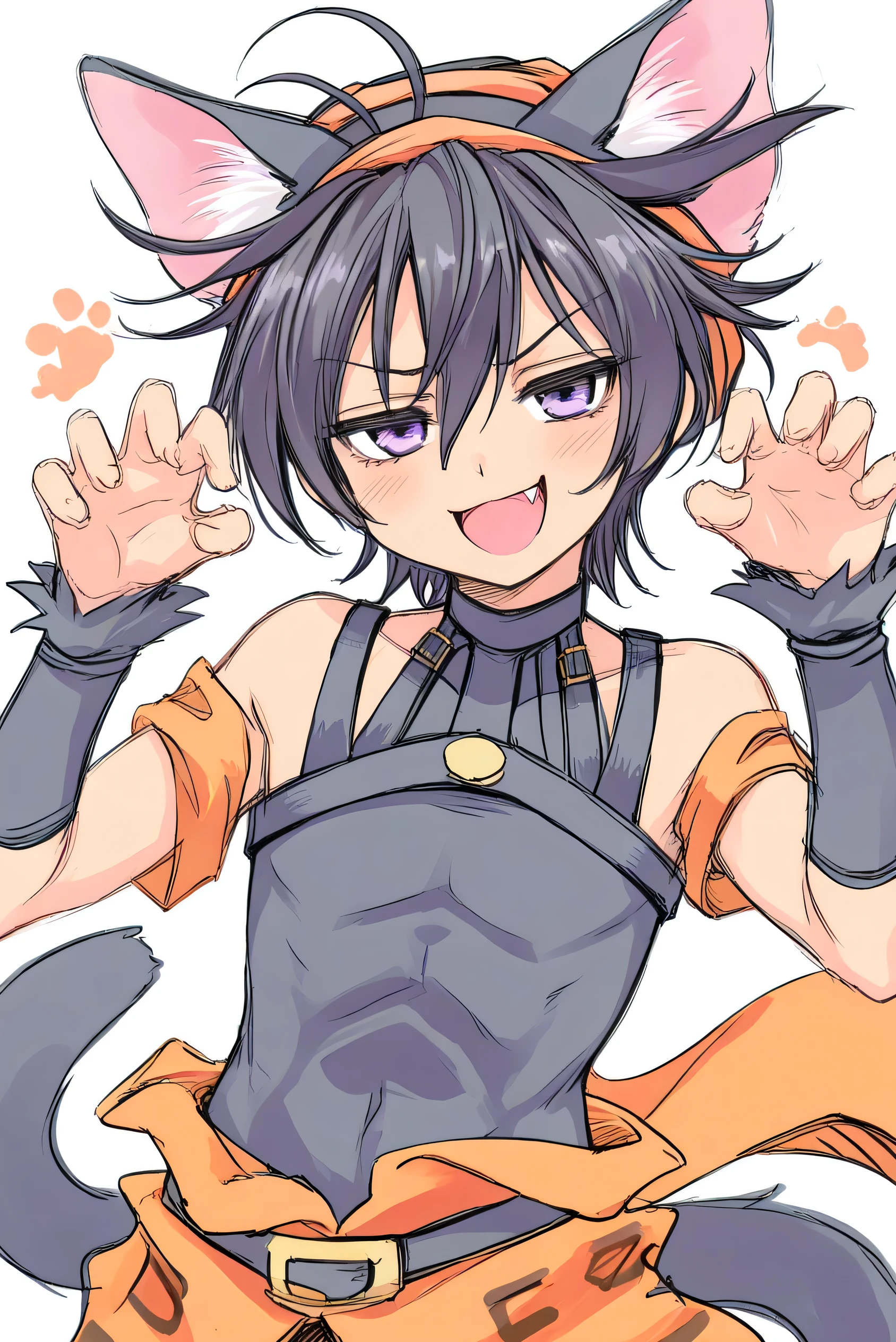 narancia,one boy,cute,cool,brack cat ears,brack hair,purple eyes,brack tail, white background, Bust-up shot, naughty face,solo, sketch, fang,narancia’s clothes,brack clothes, claw pose