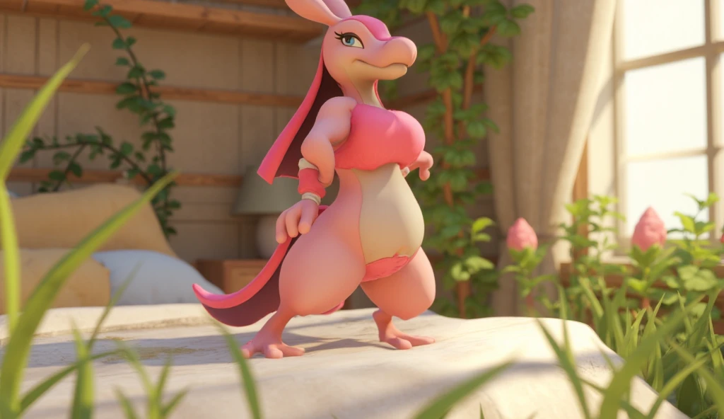 miltank, furry female anthro, presenting breasts, cow girl, standing, portrait, tranquil, solo, tail, (body fur:1.2), (best quality), (peaceful town background:1.2), medium breasts, (detailed fluffy fur:1.1), looking at viewer, nude, smile, <lora:miltank-v1-locon:1>